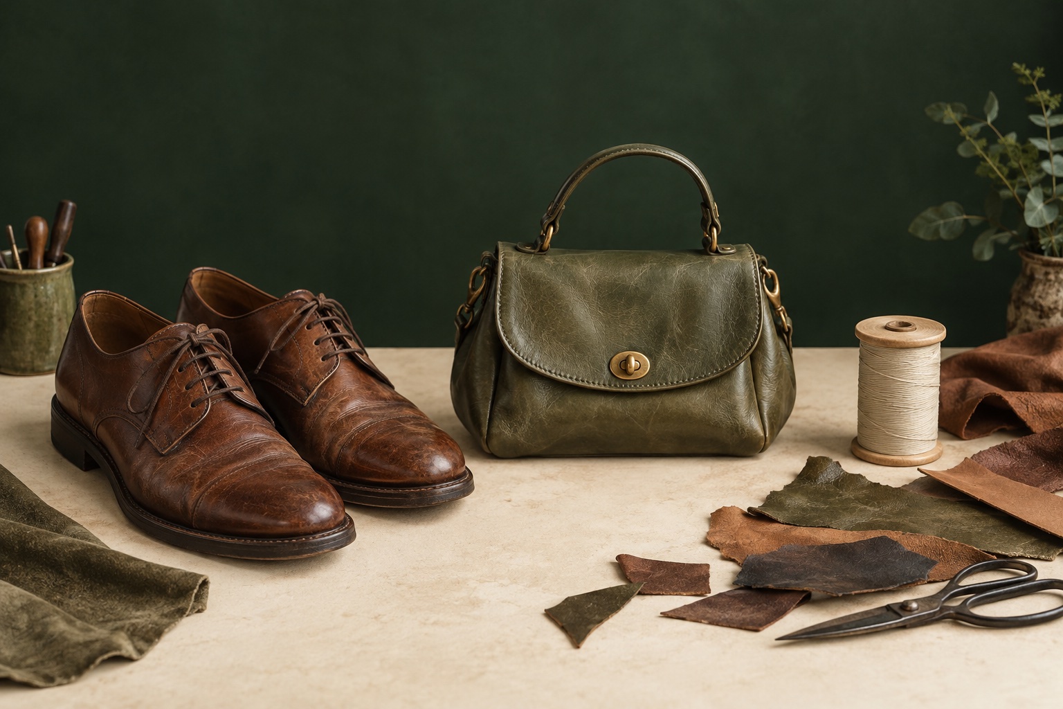 Illustrative still life of leather shoes, an olive handbag, thread and leather offcuts